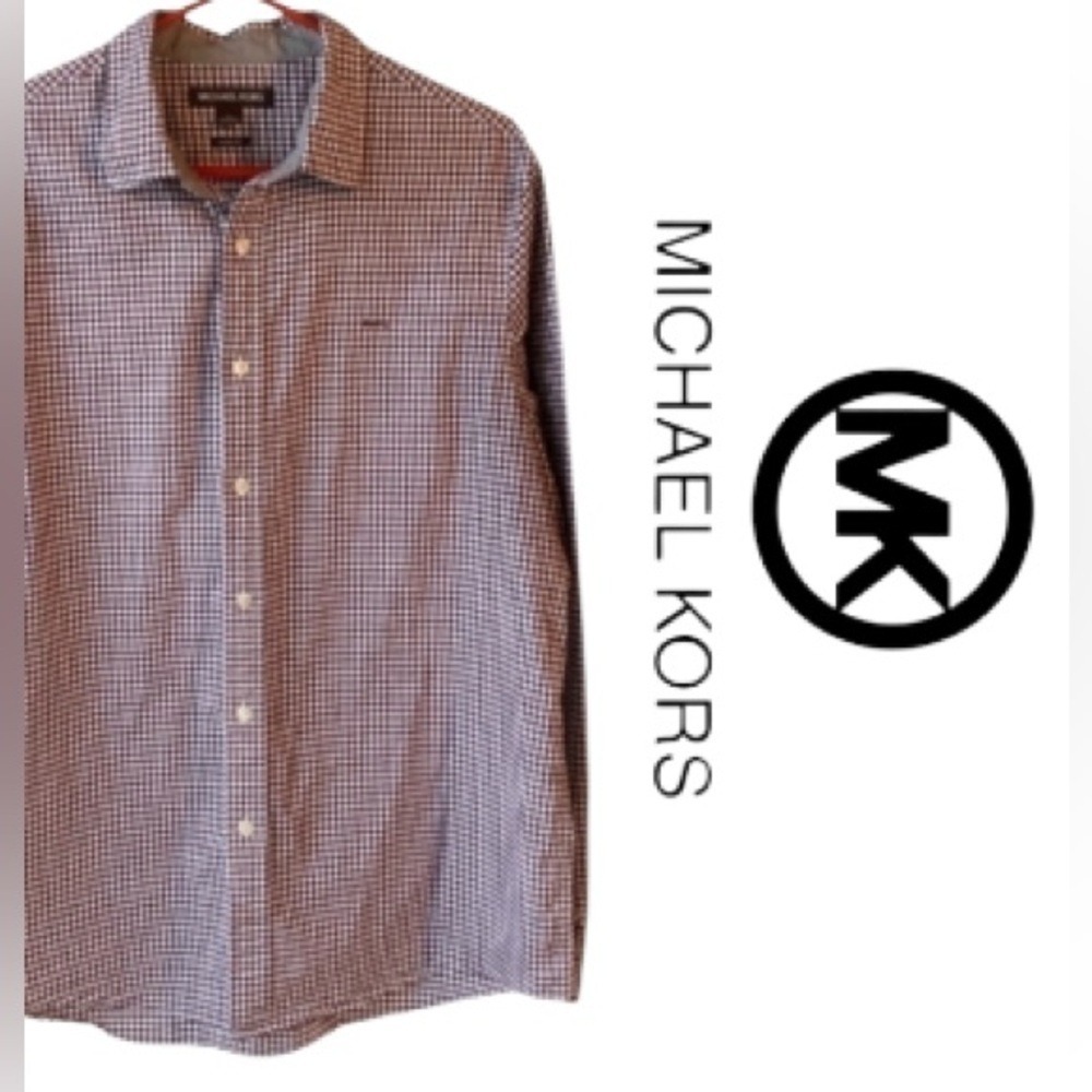 Michael Kors Men's Button-Down Long-Sleeved Shirt Burgundy and White Checkers